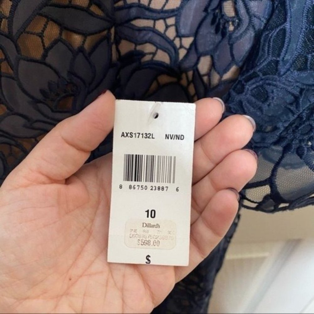 NWT Tadashi Shoji Navy Blue Nude Lace Off The Shoulder Maxi Dress Gown Size 10 - Picture 5 of 12